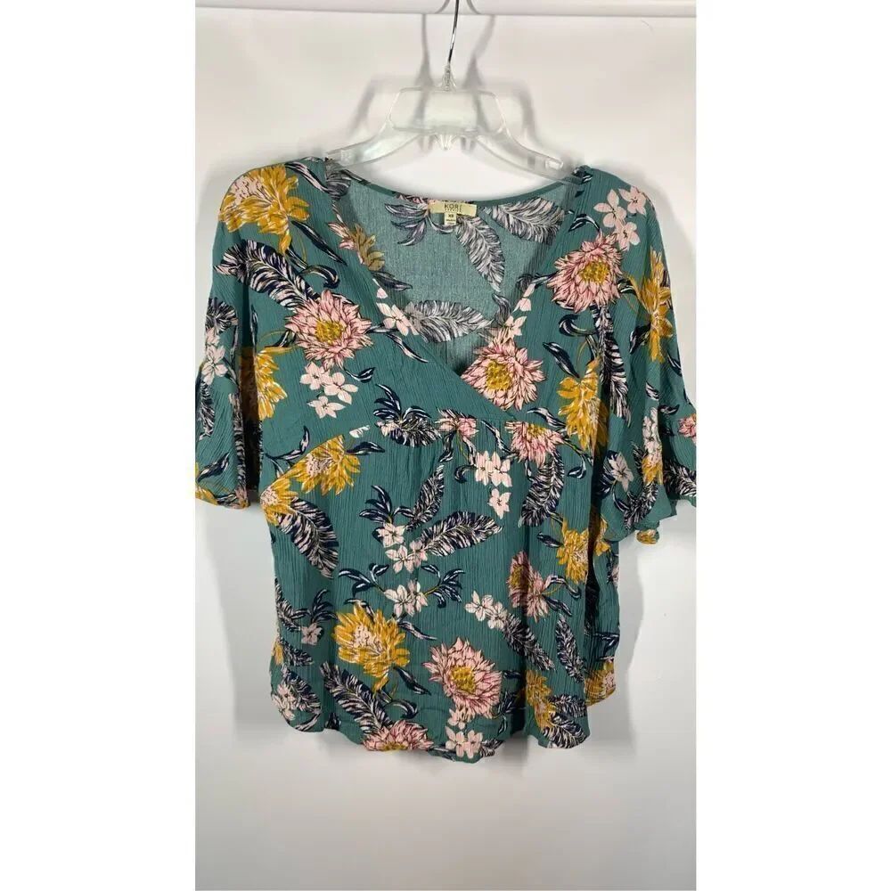 Kori America Women's Short bell Sleeve Floral V-Neck Wrap Top Multicolor Size XS